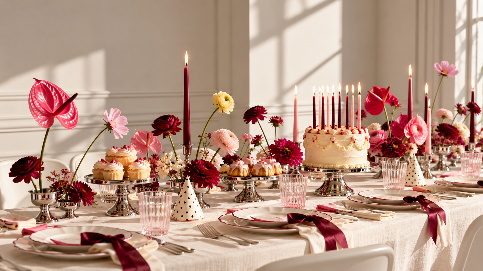 A long celebration table in warm daylight with oxblood and blush taper candles, anthuriums and ranunculus, a white tiered cake, glazed petite cakes and oxblood silk ribbons on every place setting